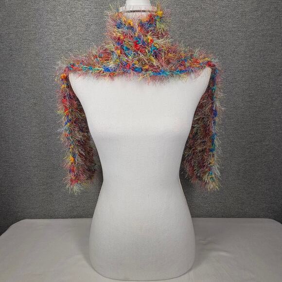 MULTICOLOR FUZZY 64" × 4" SCARF – RAINBOW FEATHERY TEXTURE  STATEMENT ACCESSORY - Picture 3 of 7